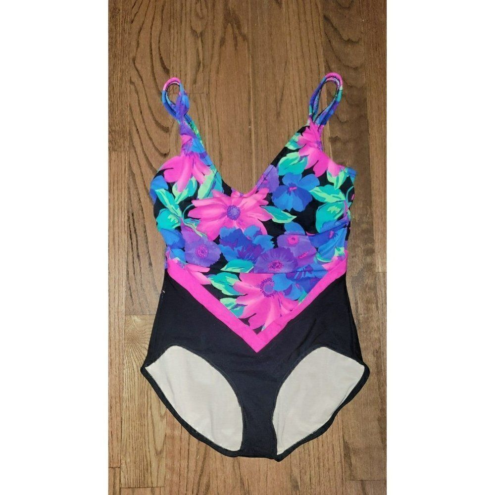 THE SLIMSUIT Vintage Hawaiian Floral Plus Size One-Piece Swimsuit Women's Sz 16